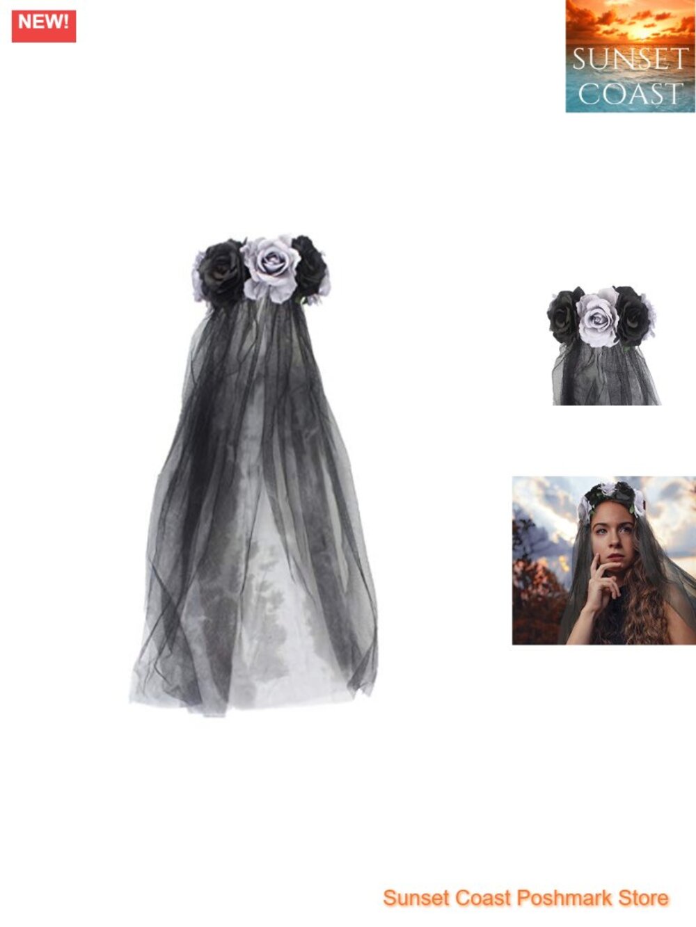 Gothic Rose Floral Headband Crown Veil Halloween Cosplay Costume Hair Accessory